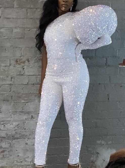 Ivory Sequin Asymmetrical Royal Blue Jumpsuit & Glove