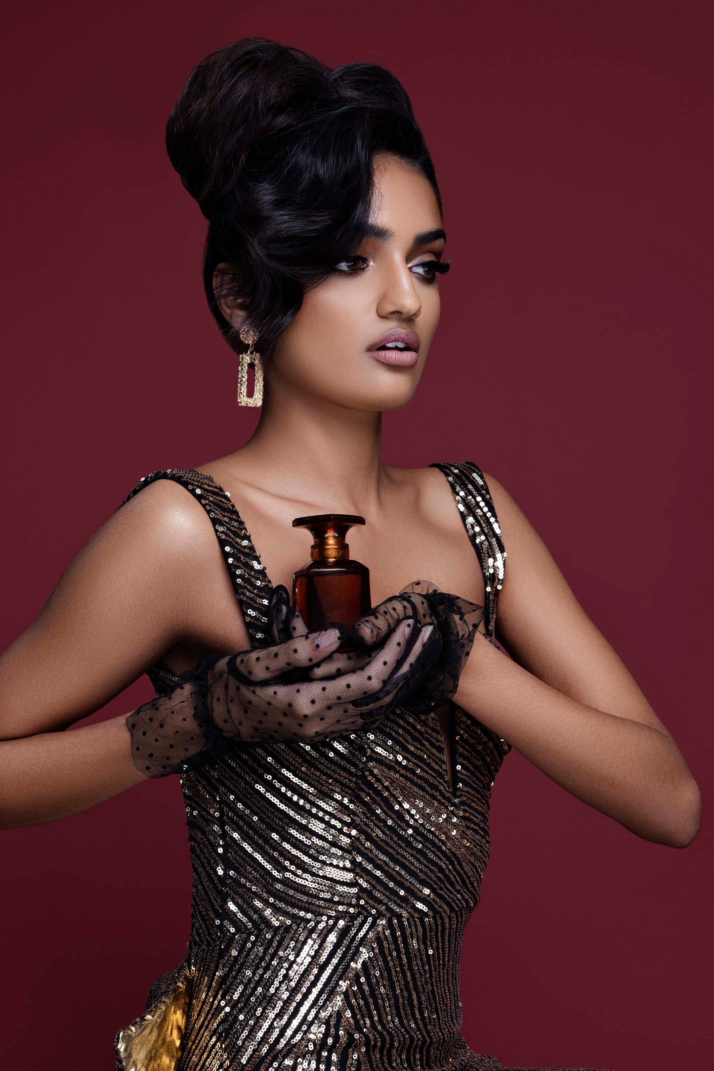 Sequin & Mesh Dramatic Bow Black and Gold Cocktail Dress