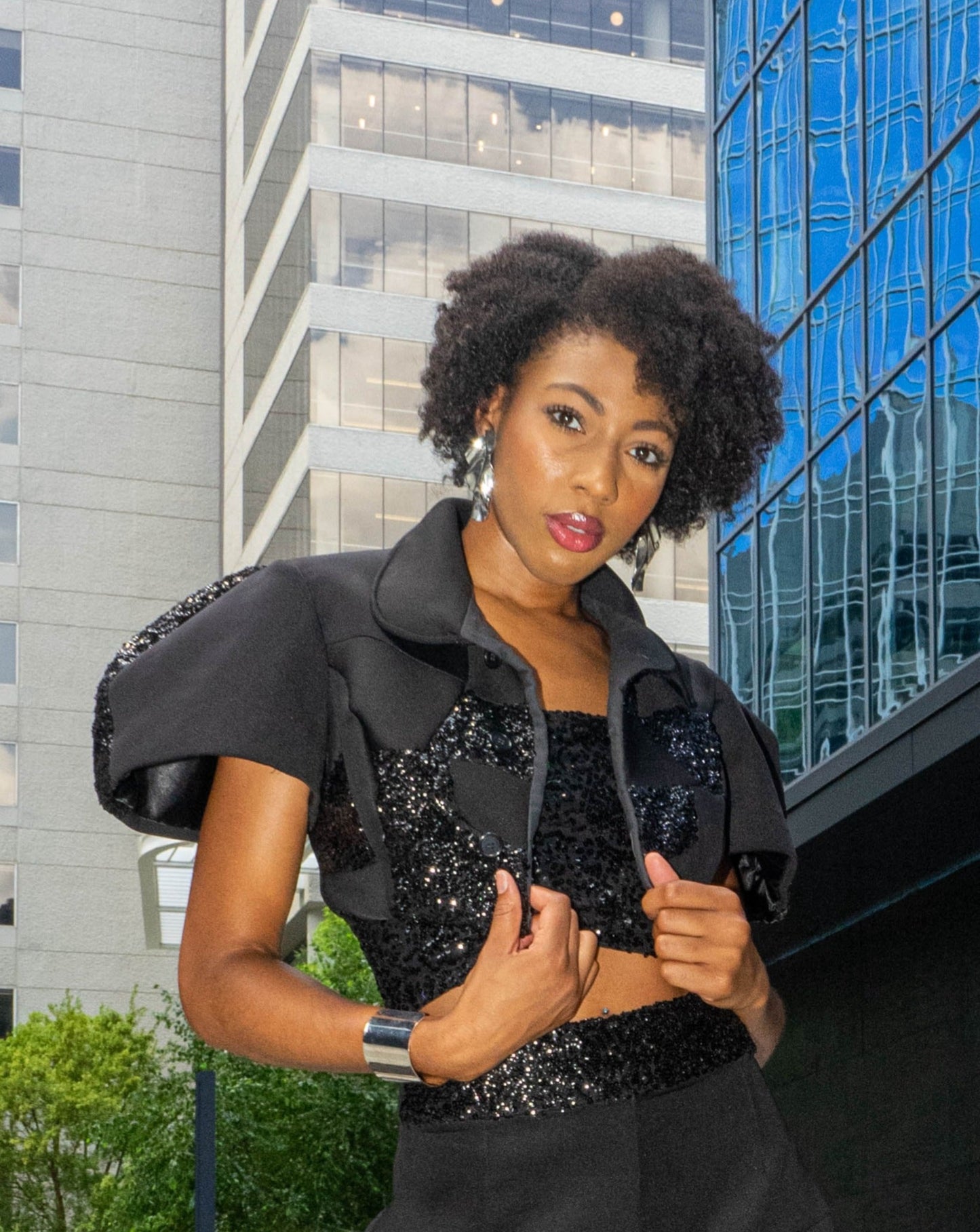 Neoprene & Sequin Cropped Jacket