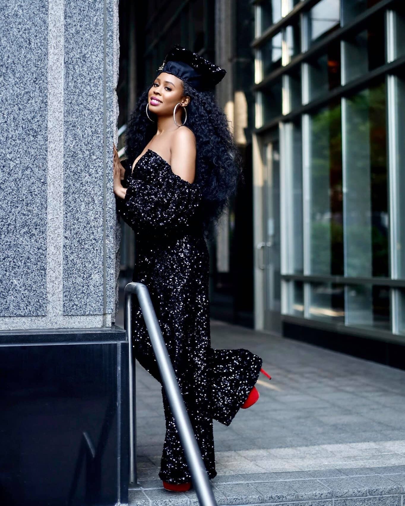 Sequin Wide-Leg Off the Shoulders Deep V Jumpsuit