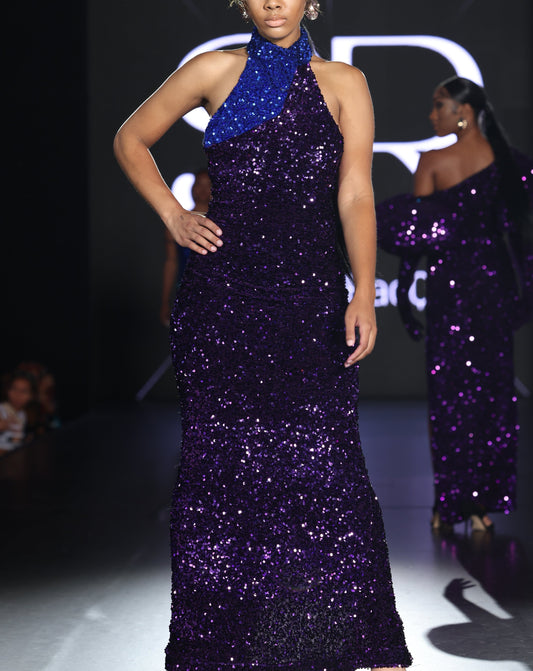 Blue and Purple Sequin Halter Gown