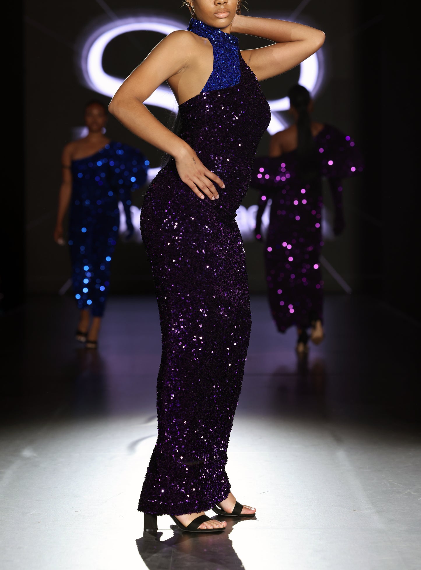 Blue and Purple Sequin Halter Gown