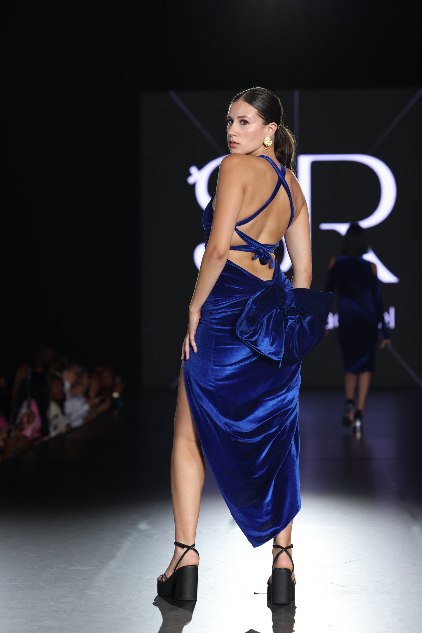Blue Velvet Lace Up Gown with Bow