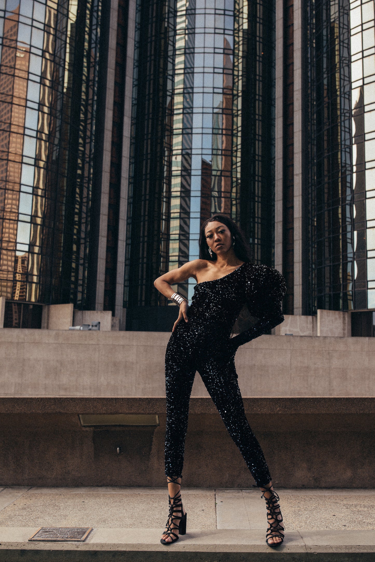 Sequin Asymmetrical Royal Blue Jumpsuit & Glove