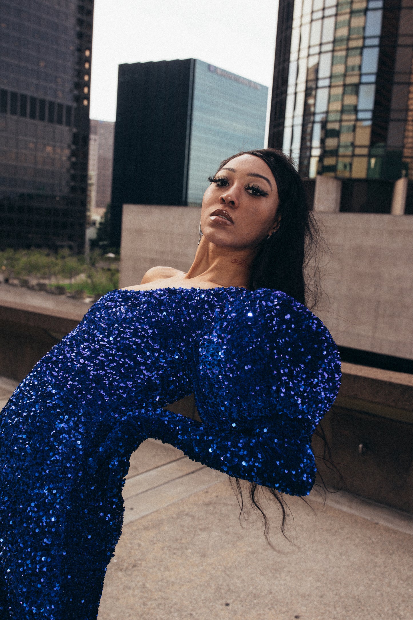 Sequin Asymmetrical Royal Blue Jumpsuit & Glove