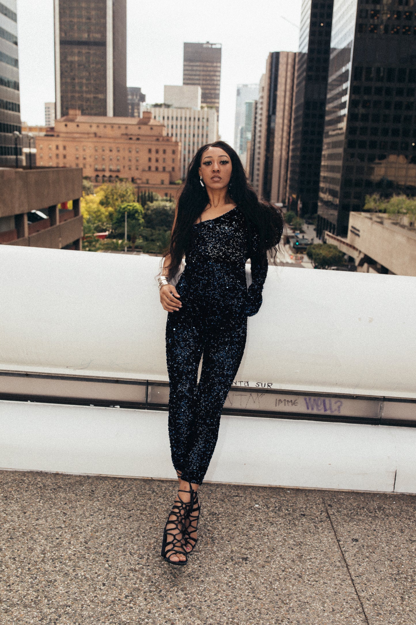 Sequin Asymmetrical Royal Blue Jumpsuit & Glove