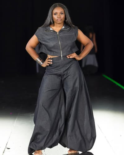 Denim  Dramatic Panel Pants & Cropped Sleeveless Top