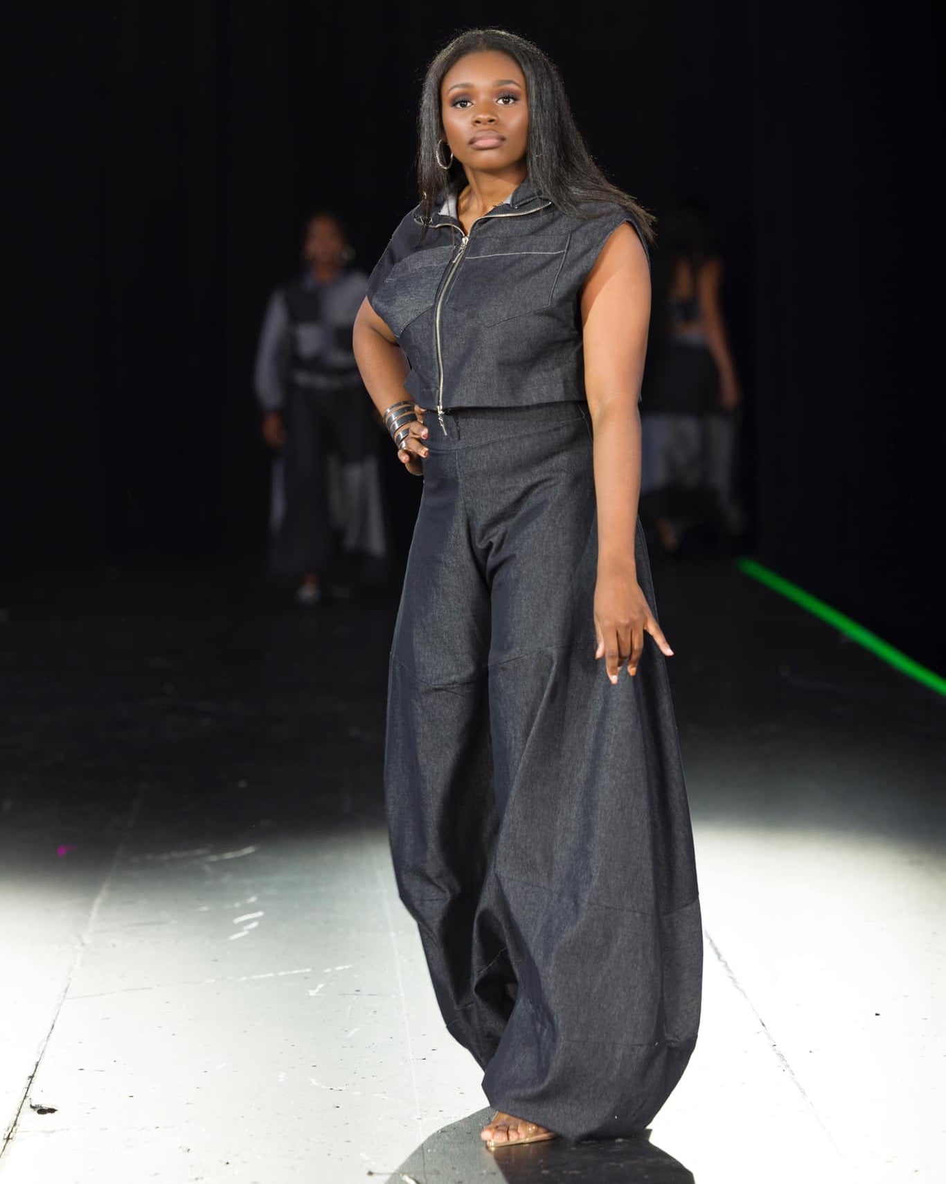 Denim  Dramatic Panel Pants & Cropped Sleeveless Top