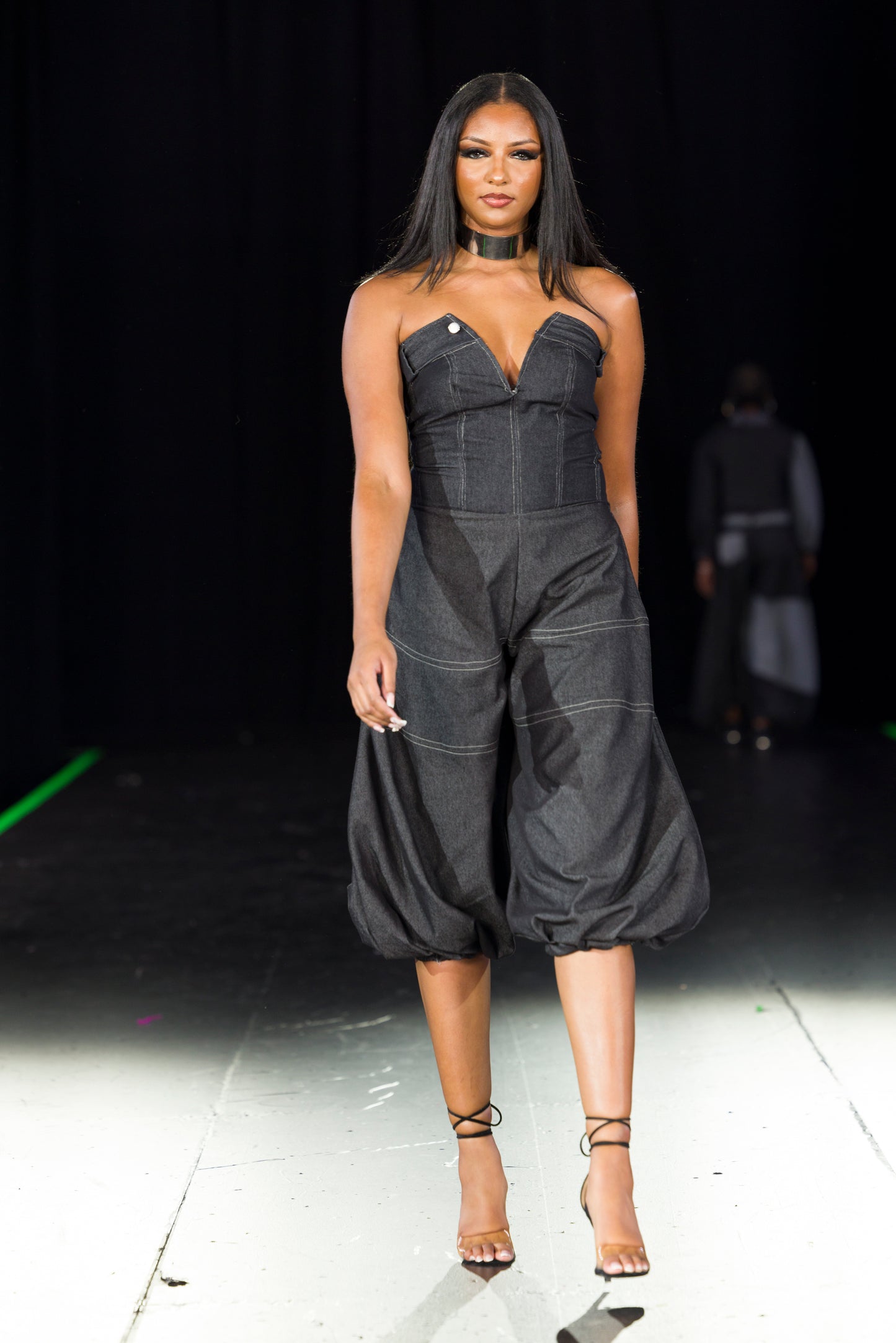 Denim  Dramatic Panel Capri Jumpsuit