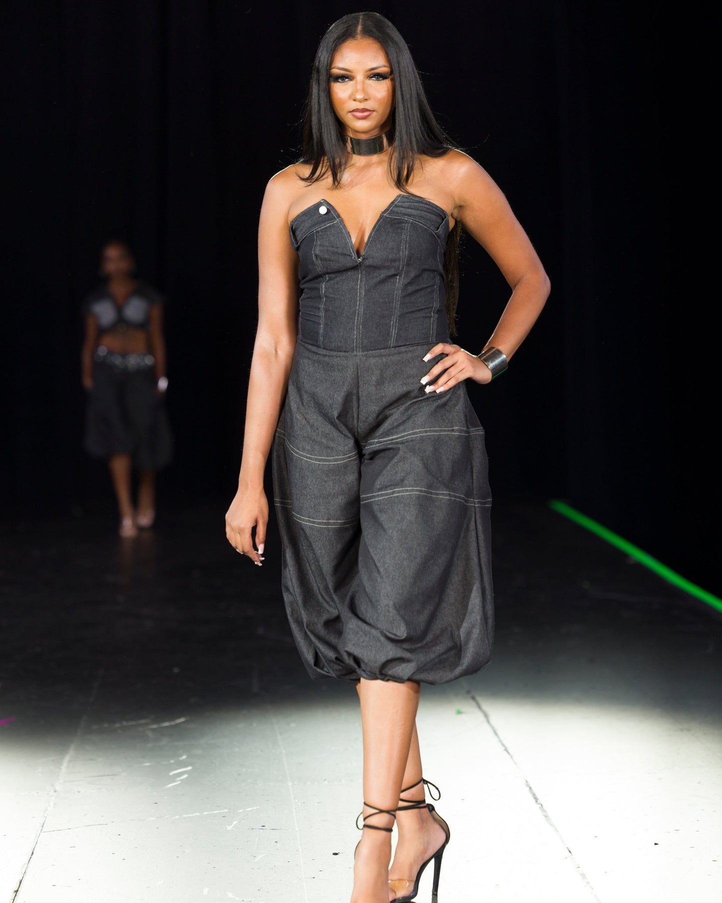 Denim  Dramatic Panel Capri Jumpsuit