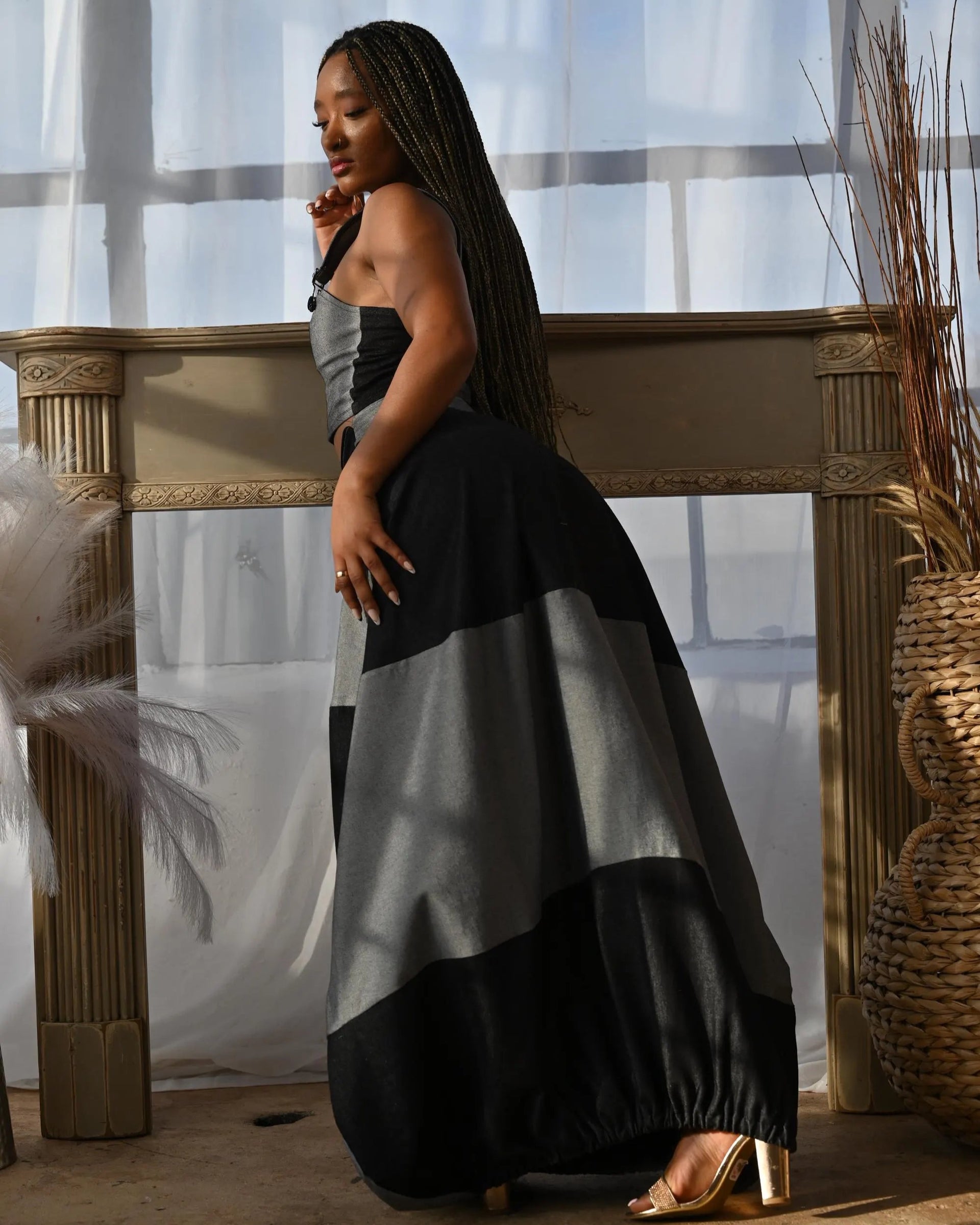 Color Blocking Denim Long Balloon Bubble Skirt – Shontay RacQuel