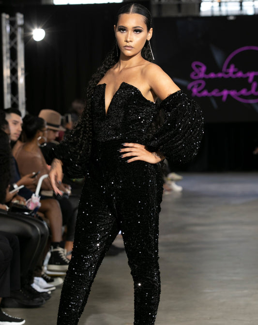 Black Sequin Tapered Stretch Jumpsuit
