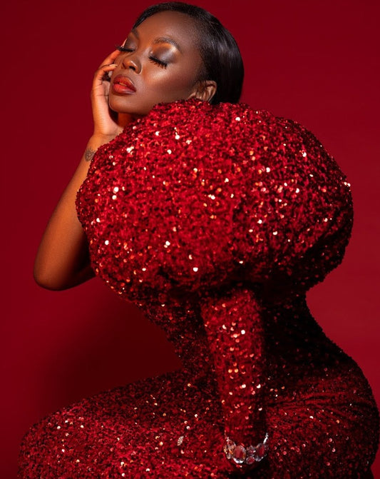 Sequin Asymmetrical Dramatic Red Long Gown